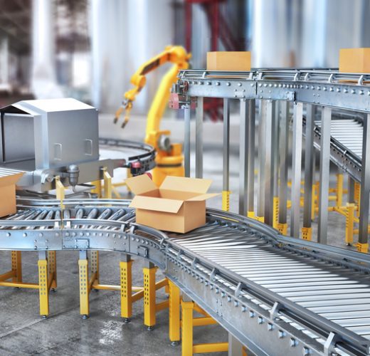 Blank conveyors on a blurred factory background. 3d illustration
